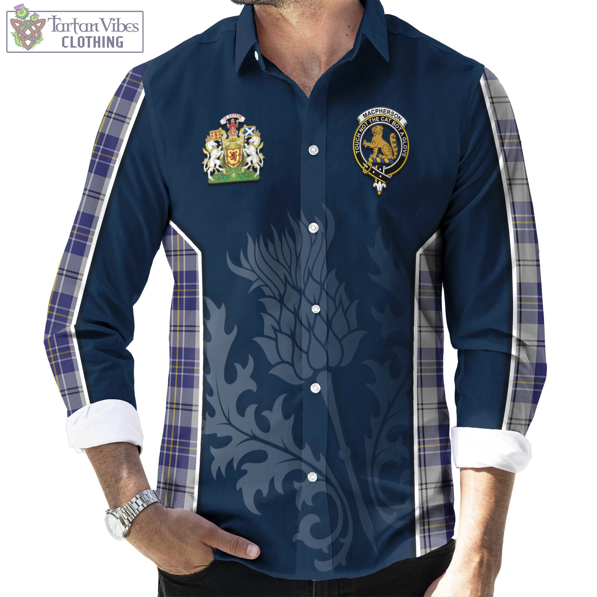 Tartan Vibes Clothing MacPherson Dress Blue Tartan Long Sleeve Button Up Shirt with Family Crest and Scottish Thistle Vibes Sport Style