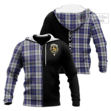 MacPherson Dress Blue Tartan Knitted Hoodie with Family Crest and Half Of Me Style