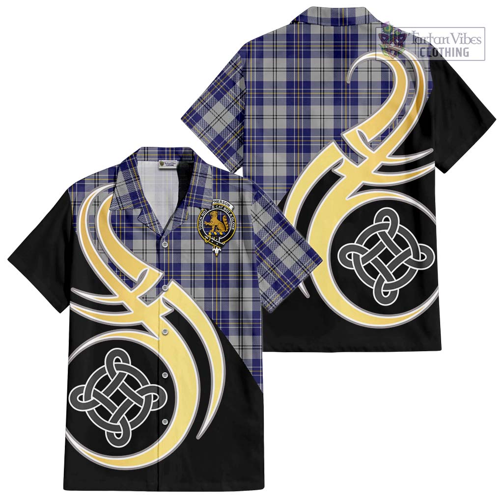 MacPherson Dress Blue Tartan Short Sleeve Button Shirt with Family Crest and Celtic Symbol Style - Tartan Vibes Clothing