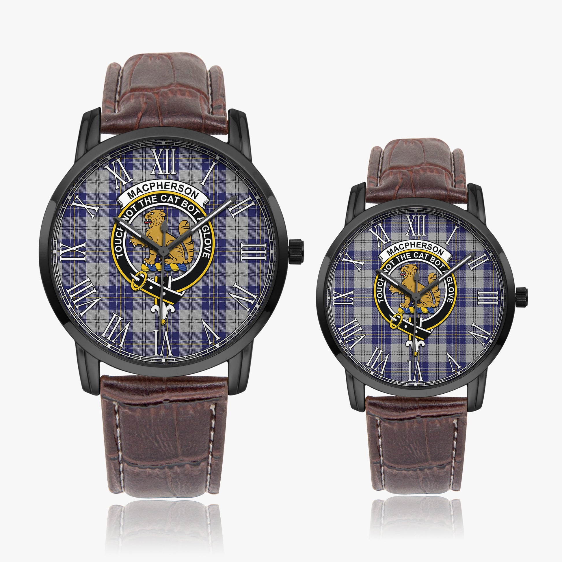 MacPherson Dress Blue Tartan Family Crest Leather Strap Quartz Watch - Tartanvibesclothing