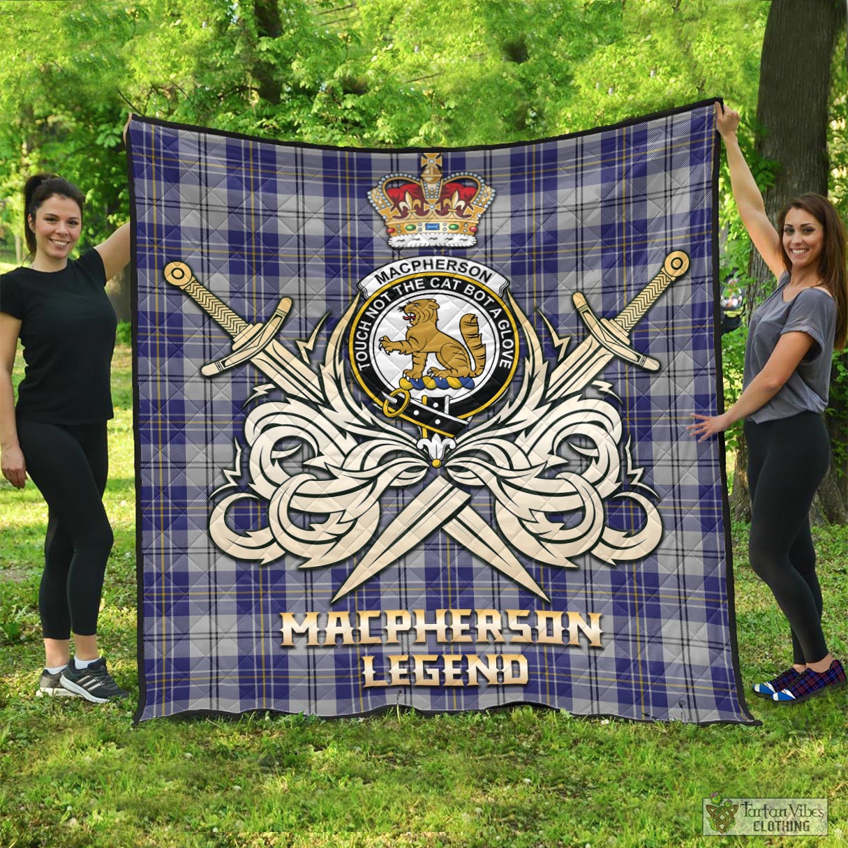 Tartan Vibes Clothing MacPherson Dress Blue Tartan Quilt with Clan Crest and the Golden Sword of Courageous Legacy