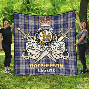 MacPherson Dress Blue Tartan Quilt with Clan Crest and the Golden Sword of Courageous Legacy