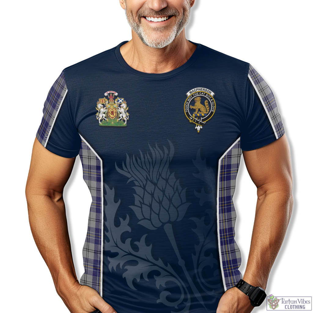 Tartan Vibes Clothing MacPherson Dress Blue Tartan T-Shirt with Family Crest and Scottish Thistle Vibes Sport Style
