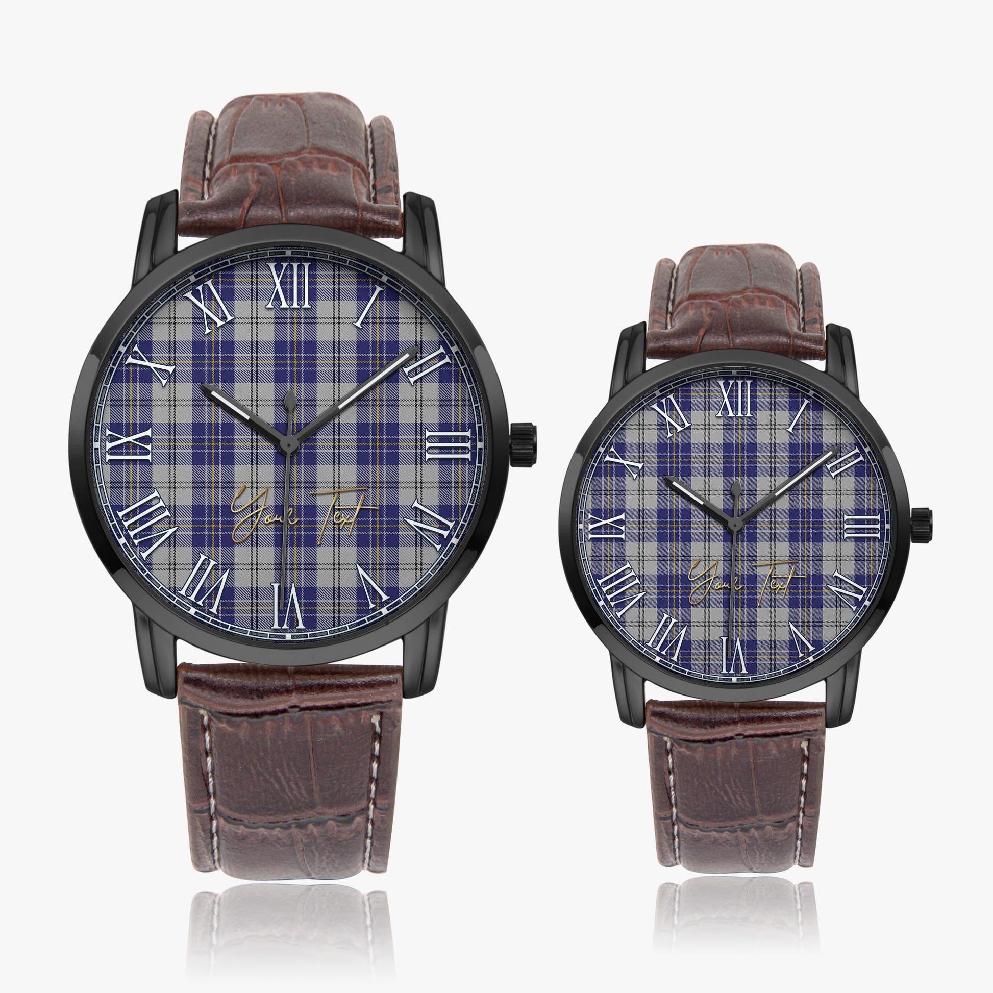MacPherson Dress Blue Tartan Personalized Your Text Leather Trap Quartz Watch Wide Type Black Case With Brown Leather Strap - Tartanvibesclothing