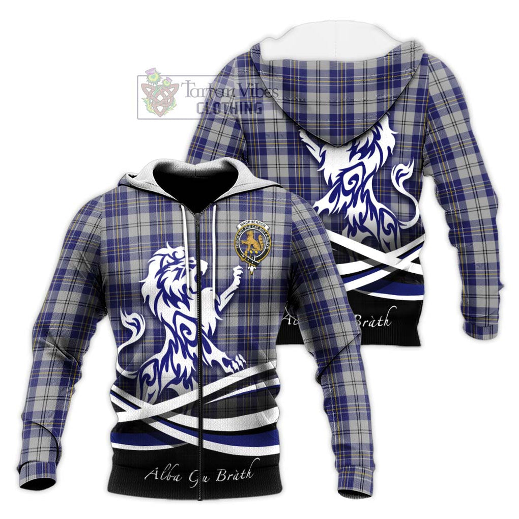 MacPherson Dress Blue Tartan Knitted Hoodie with Alba Gu Brath Regal Lion Emblem Unisex Knitted Zip Hoodie - Tartanvibesclothing Shop