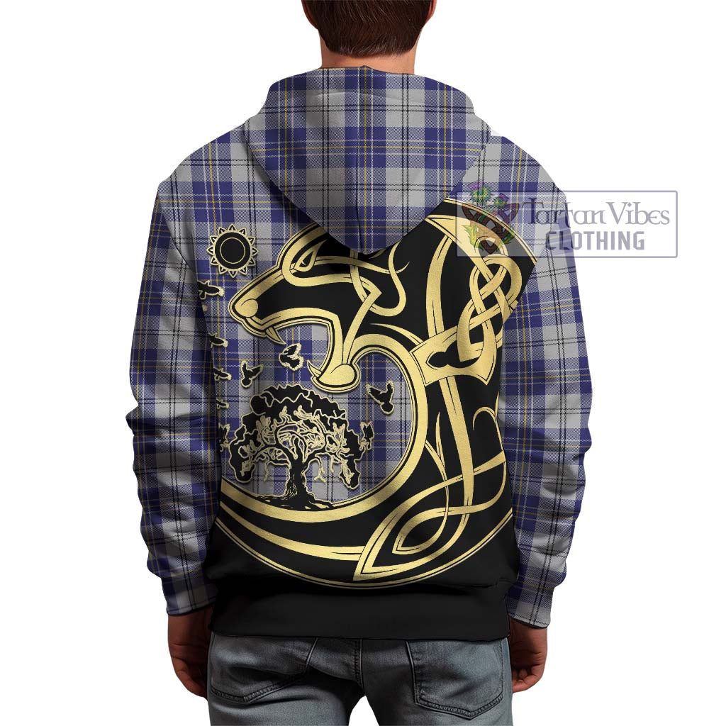 Tartan Vibes Clothing MacPherson Dress Blue Tartan Hoodie with Family Crest Celtic Wolf Style