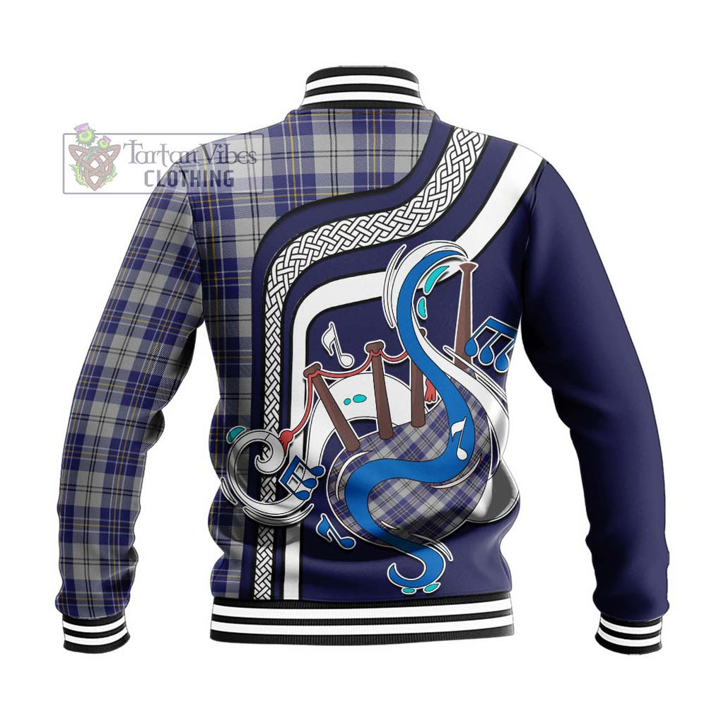 Tartan Vibes Clothing MacPherson Dress Blue Tartan Baseball Jacket with Epic Bagpipe Style