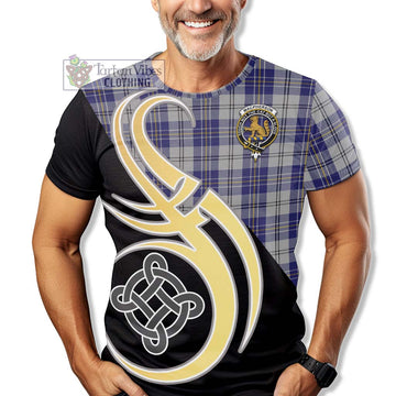 MacPherson Dress Blue Tartan T-Shirt with Family Crest and Celtic Symbol Style