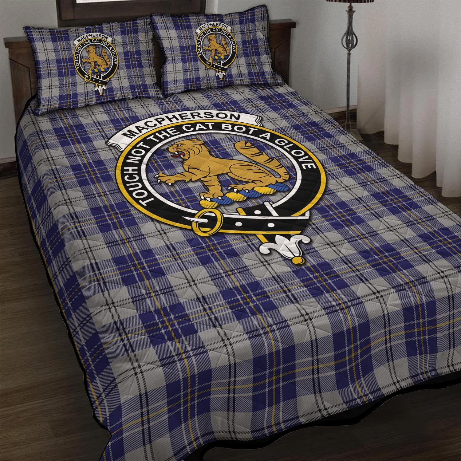 MacPherson Dress Blue Tartan Quilt Bed Set with Family Crest - Tartanvibesclothing