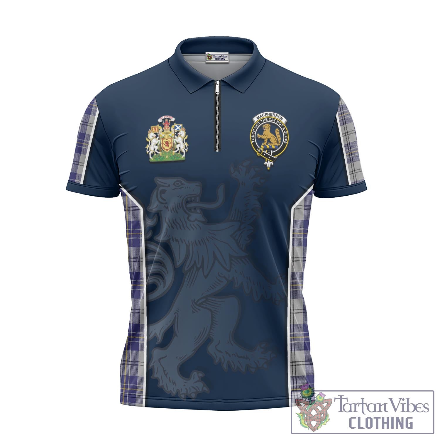 Tartan Vibes Clothing MacPherson Dress Blue Tartan Zipper Polo Shirt with Family Crest and Lion Rampant Vibes Sport Style