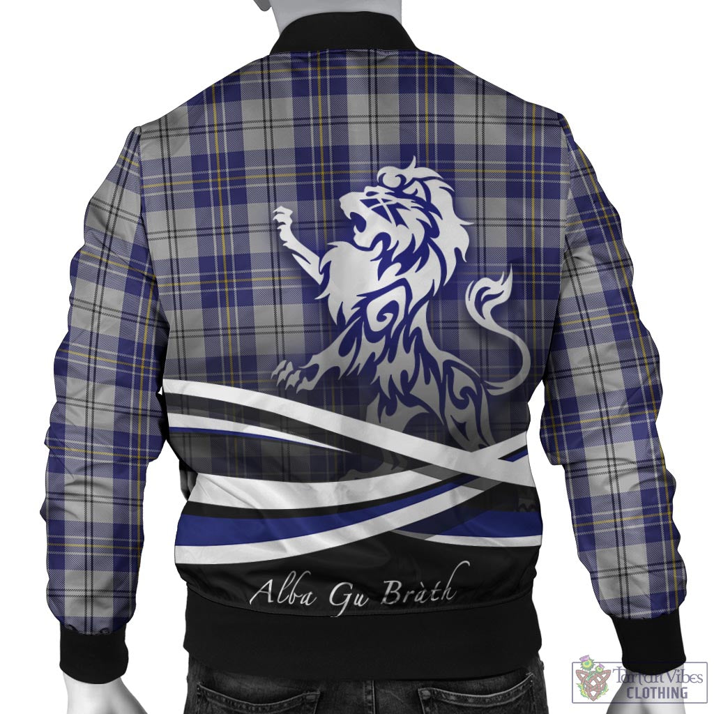 Tartan Vibes Clothing MacPherson Dress Blue Tartan Bomber Jacket with Alba Gu Brath Regal Lion Emblem
