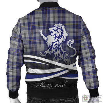 MacPherson Dress Blue Tartan Bomber Jacket with Alba Gu Brath Regal Lion Emblem