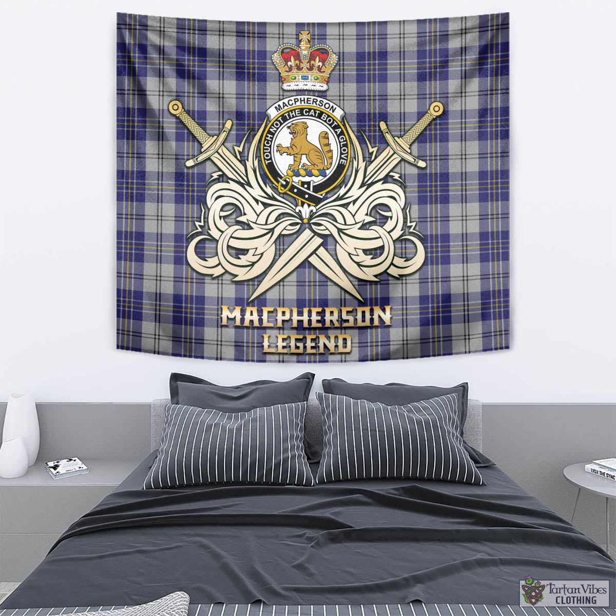 Tartan Vibes Clothing MacPherson Dress Blue Tartan Tapestry with Clan Crest and the Golden Sword of Courageous Legacy