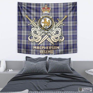 MacPherson Dress Blue Tartan Tapestry with Clan Crest and the Golden Sword of Courageous Legacy