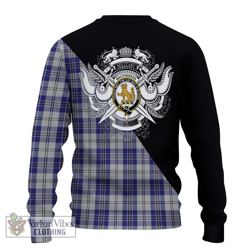 MacPherson Dress Blue Tartan Knitted Sweater with Family Crest and Military Logo Style - Tartanvibesclothing Shop