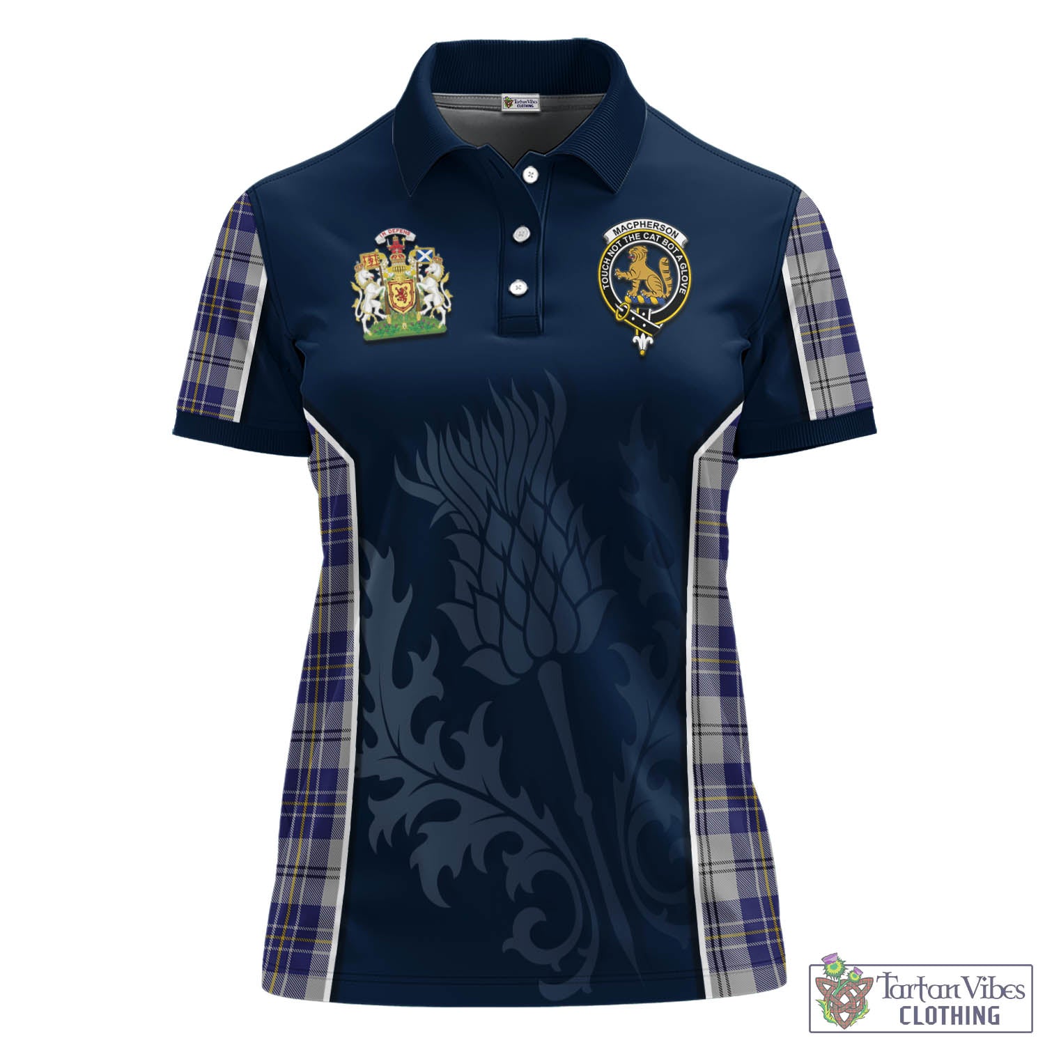 Tartan Vibes Clothing MacPherson Dress Blue Tartan Women's Polo Shirt with Family Crest and Scottish Thistle Vibes Sport Style
