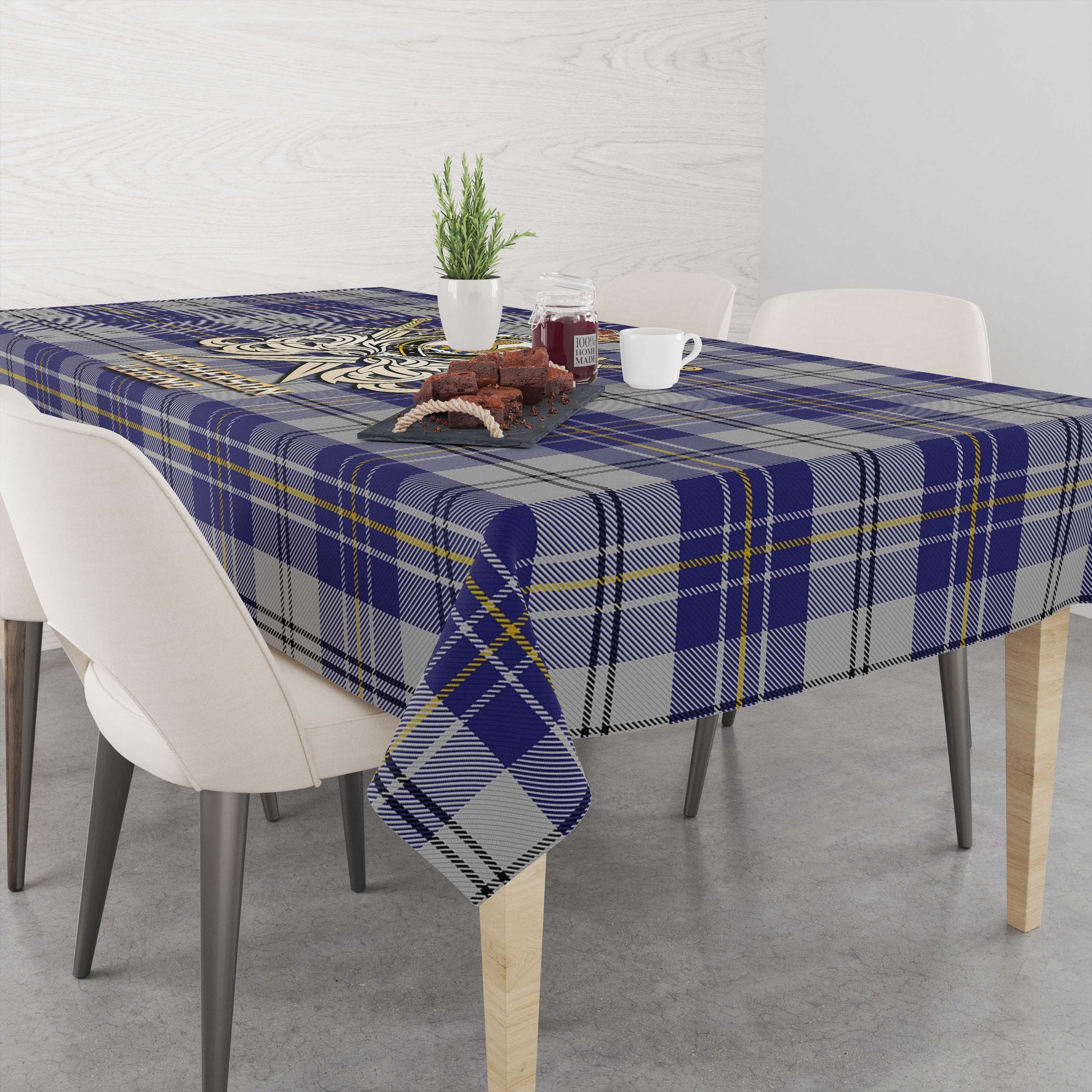 Tartan Vibes Clothing MacPherson Dress Blue Tartan Tablecloth with Clan Crest and the Golden Sword of Courageous Legacy