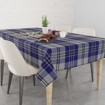 MacPherson Dress Blue Tartan Tablecloth with Clan Crest and the Golden Sword of Courageous Legacy