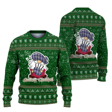 MacPherson Dress Blue Clan Christmas Family Knitted Sweater with Funny Gnome Playing Bagpipes