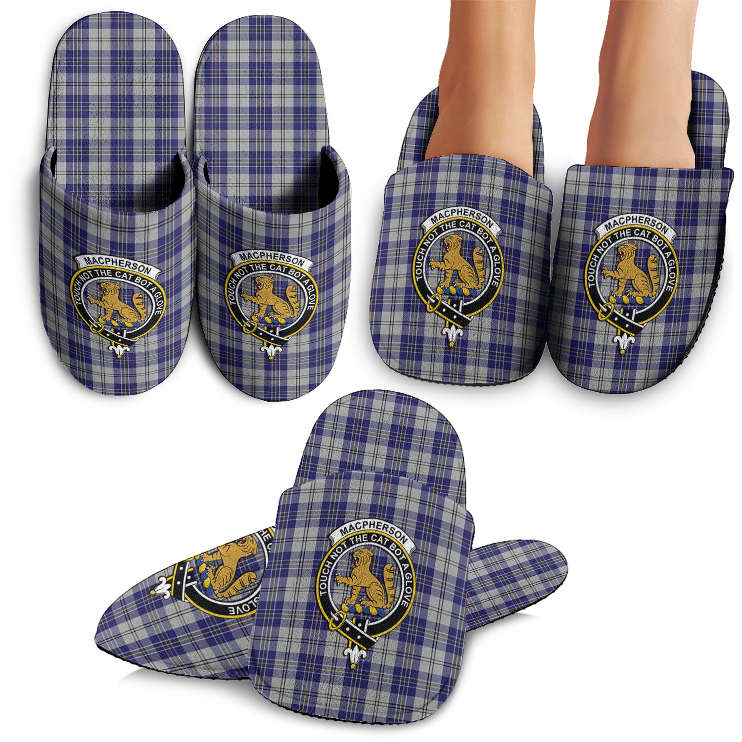 MacPherson Dress Blue Tartan Home Slippers with Family Crest - Tartanvibesclothing