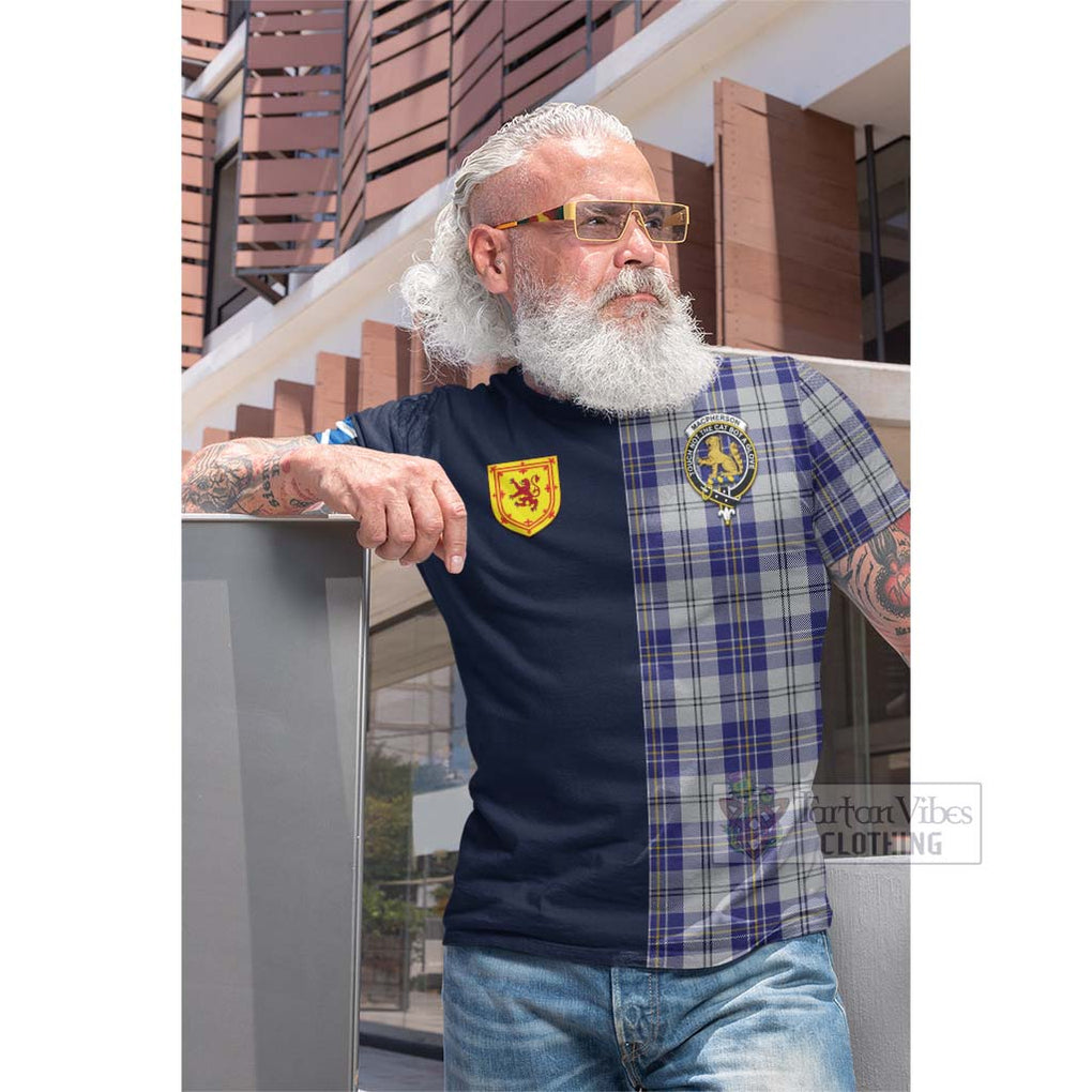 Tartan Vibes Clothing MacPherson Dress Blue Tartan Cotton T-shirt with Scottish Lion Royal Arm Half Style