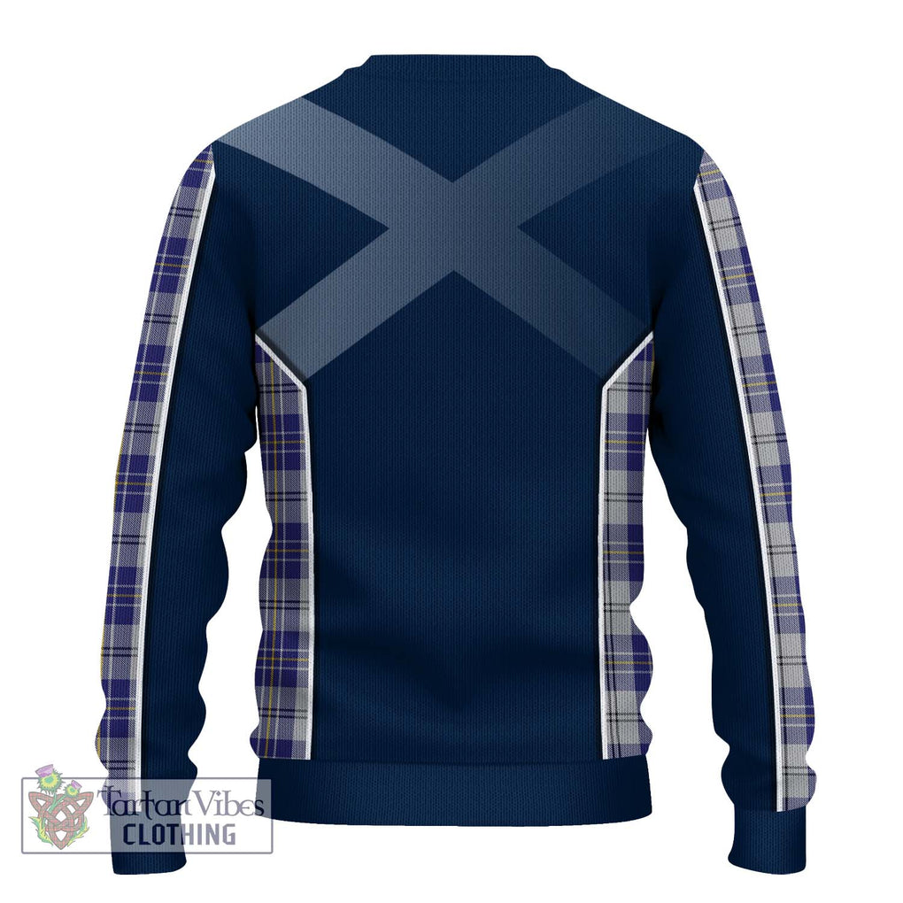 MacPherson Dress Blue Tartan Knitted Sweater with Family Crest and Lion Rampant Vibes Sport Style - Tartan Vibes Clothing