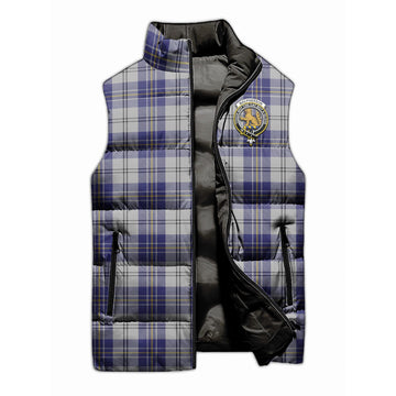 MacPherson Dress Blue Tartan Sleeveless Puffer Jacket with Family Crest