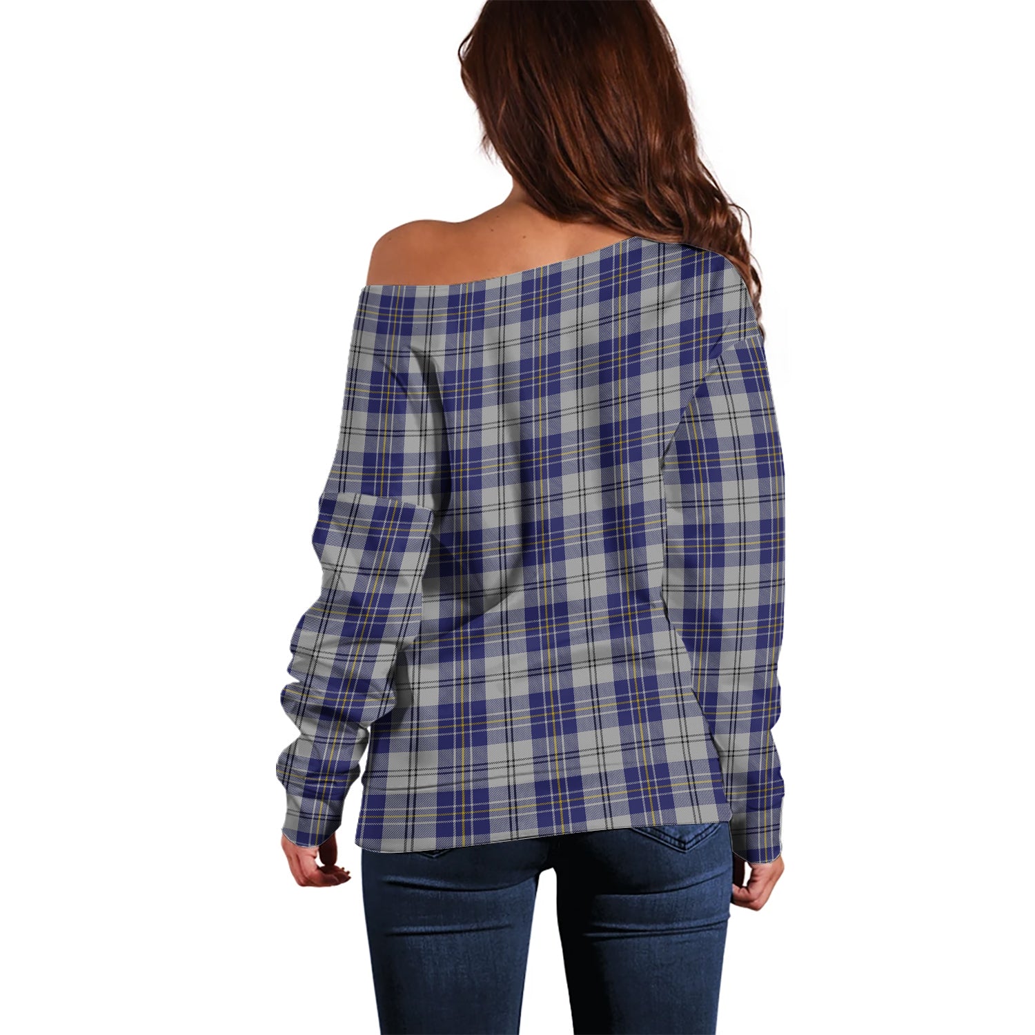 MacPherson Dress Blue Tartan Off Shoulder Women Sweater with Family Crest - Tartanvibesclothing