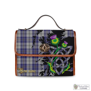 MacPherson Dress Blue Tartan Waterproof Canvas Bag with Scotland Map and Thistle Celtic Accents