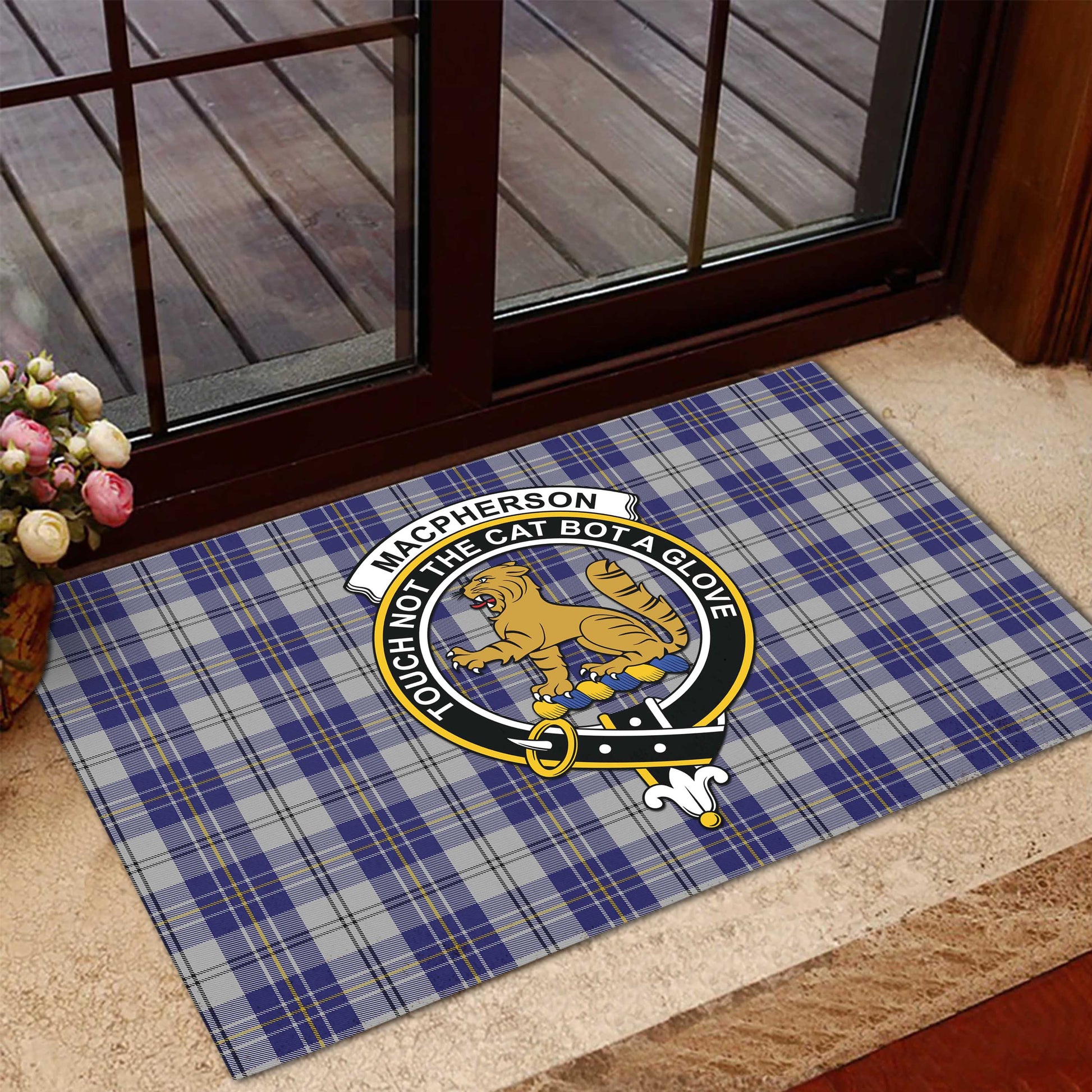 MacPherson Dress Blue Tartan Door Mat with Family Crest - Tartanvibesclothing