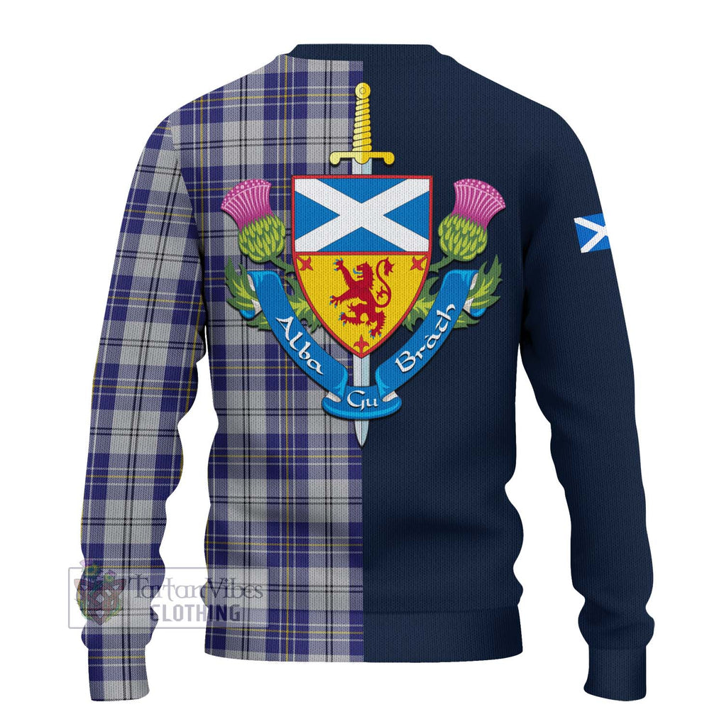 Tartan Vibes Clothing MacPherson Dress Blue Tartan Knitted Sweater with Scottish Lion Royal Arm Half Style