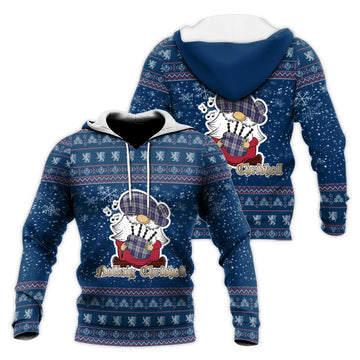 MacPherson Dress Blue Clan Christmas Knitted Hoodie with Funny Gnome Playing Bagpipes