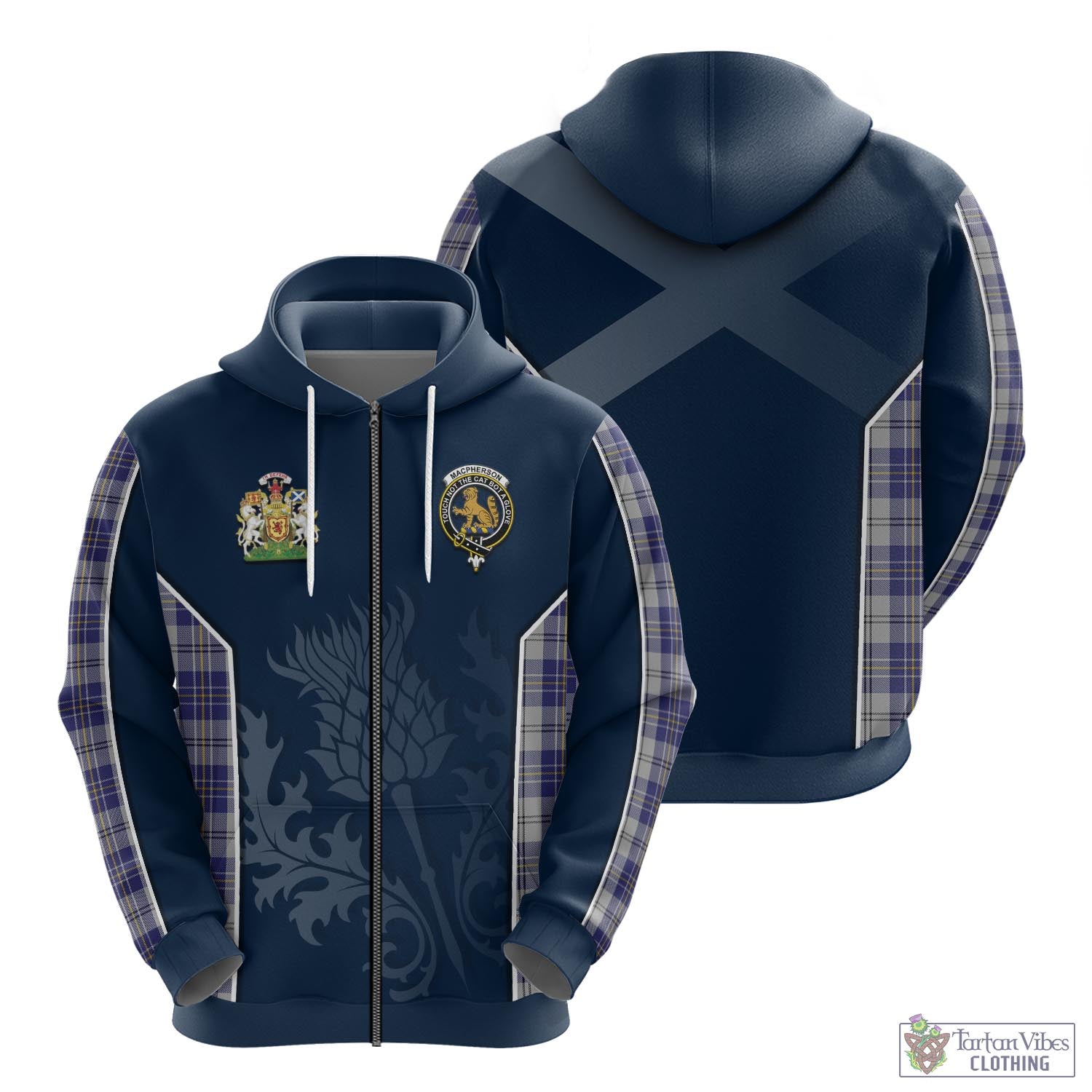 Tartan Vibes Clothing MacPherson Dress Blue Tartan Hoodie with Family Crest and Scottish Thistle Vibes Sport Style