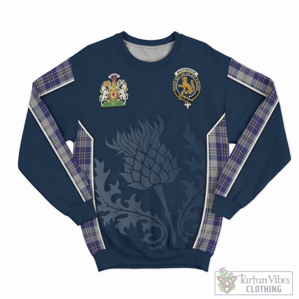 Tartan Vibes Clothing MacPherson Dress Blue Tartan Sweatshirt with Family Crest and Scottish Thistle Vibes Sport Style