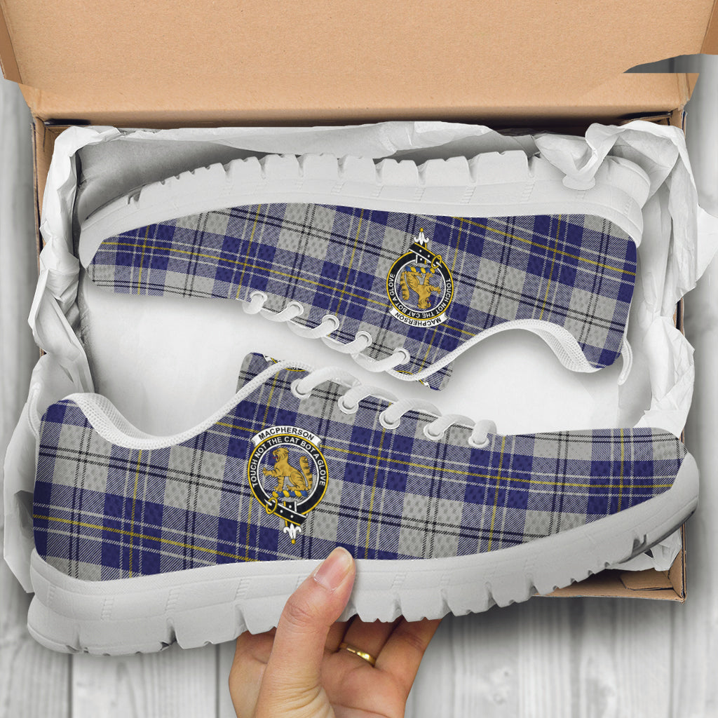 MacPherson Dress Blue Tartan Sneakers with Family Crest - Tartan Vibes Clothing