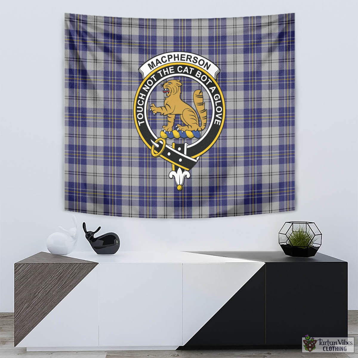 Tartan Vibes Clothing MacPherson Dress Blue Tartan Tapestry Wall Hanging and Home Decor for Room with Family Crest