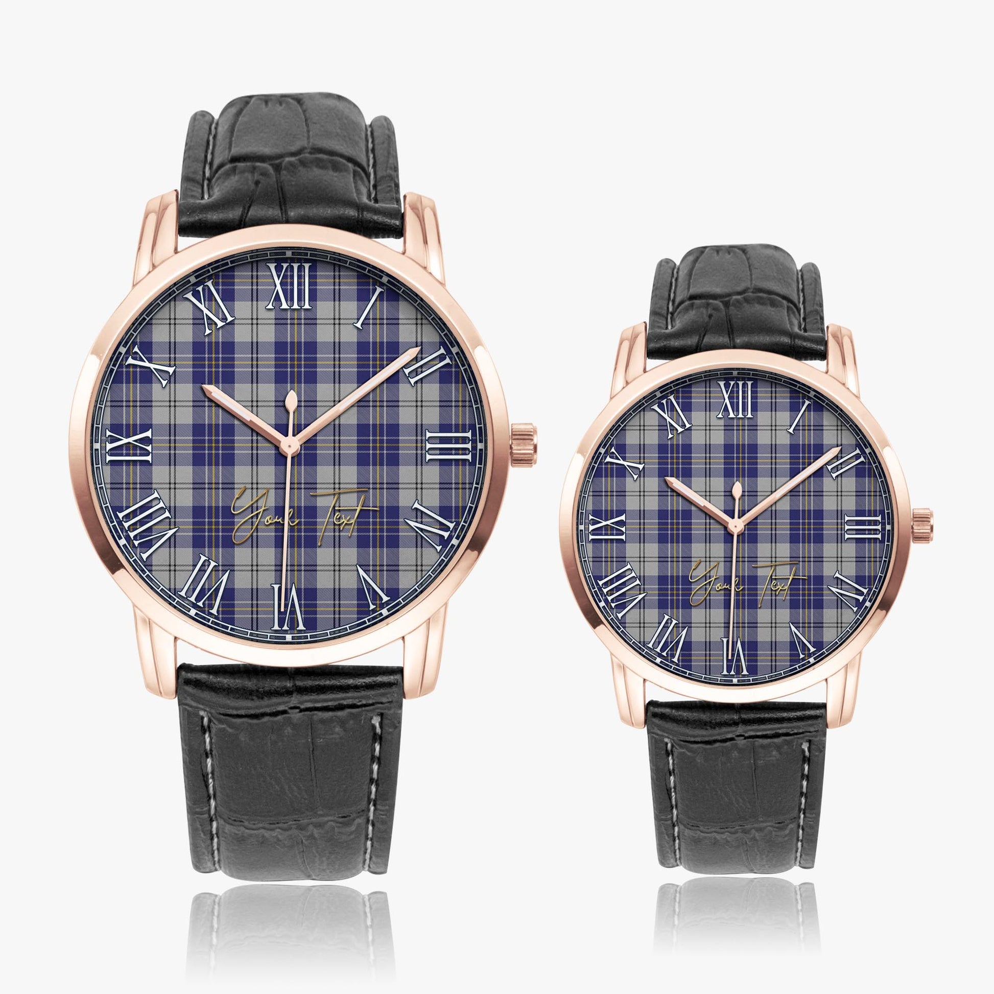 MacPherson Dress Blue Tartan Personalized Your Text Leather Trap Quartz Watch Wide Type Rose Gold Case With Black Leather Strap - Tartanvibesclothing