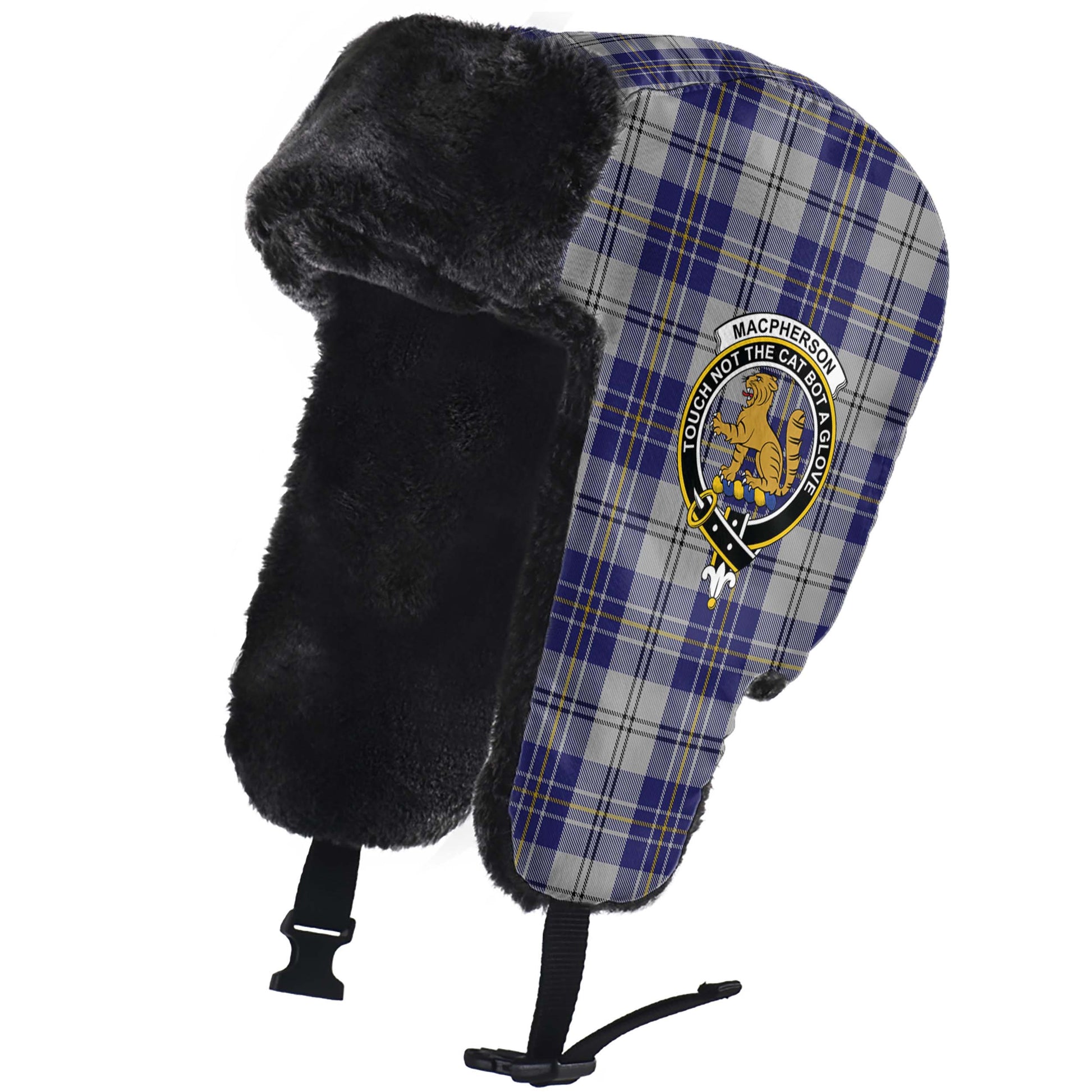 MacPherson Dress Blue Tartan Winter Trapper Hat with Family Crest - Tartanvibesclothing