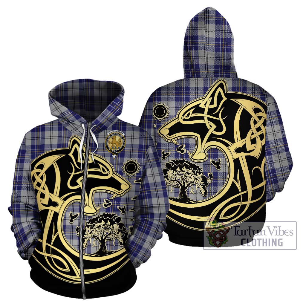 Tartan Vibes Clothing MacPherson Dress Blue Tartan Hoodie with Family Crest Celtic Wolf Style