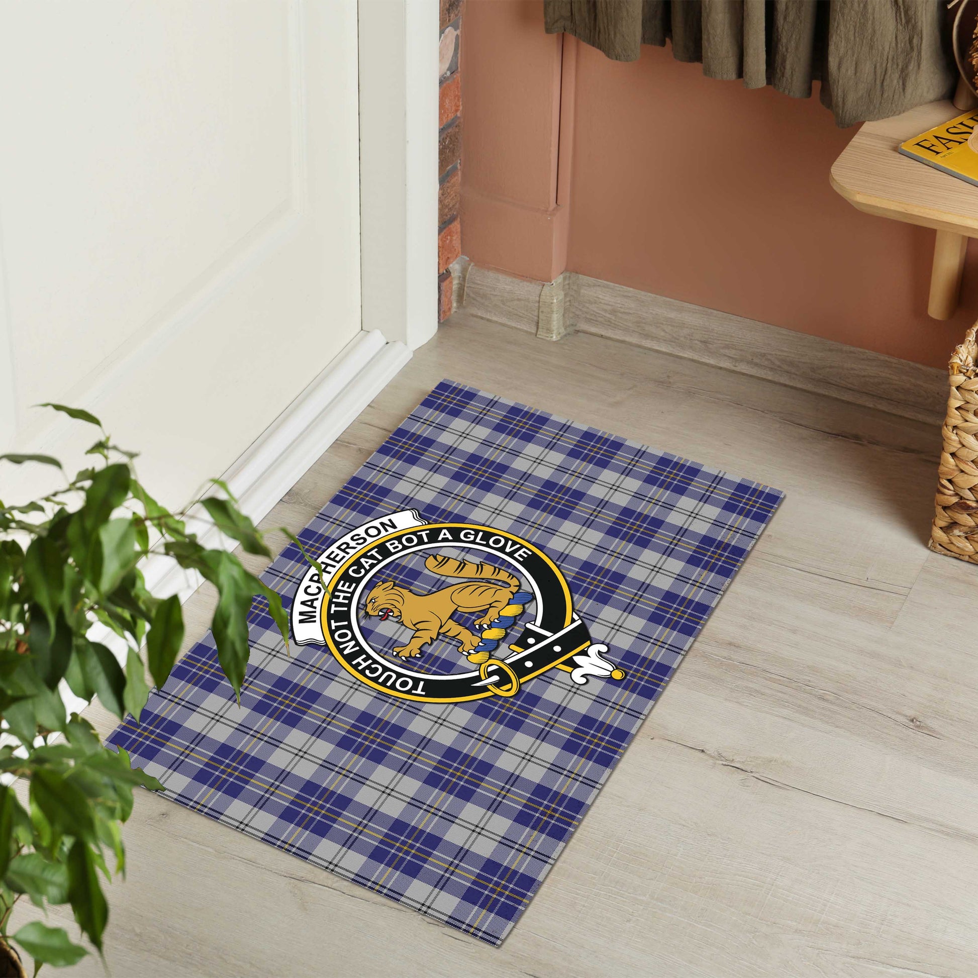 MacPherson Dress Blue Tartan Door Mat with Family Crest - Tartanvibesclothing