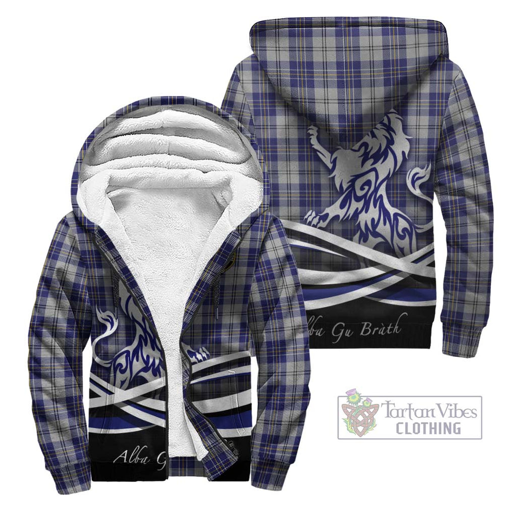 MacPherson Dress Blue Tartan Sherpa Hoodie with Alba Gu Brath Regal Lion Emblem Unisex - Tartanvibesclothing Shop