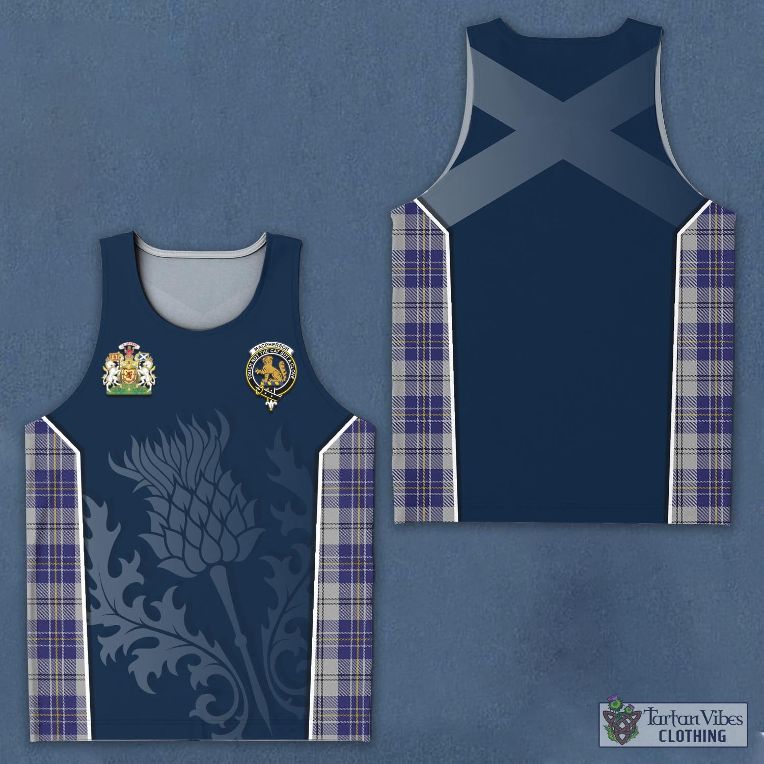 Tartan Vibes Clothing MacPherson Dress Blue Tartan Men's Tanks Top with Family Crest and Scottish Thistle Vibes Sport Style