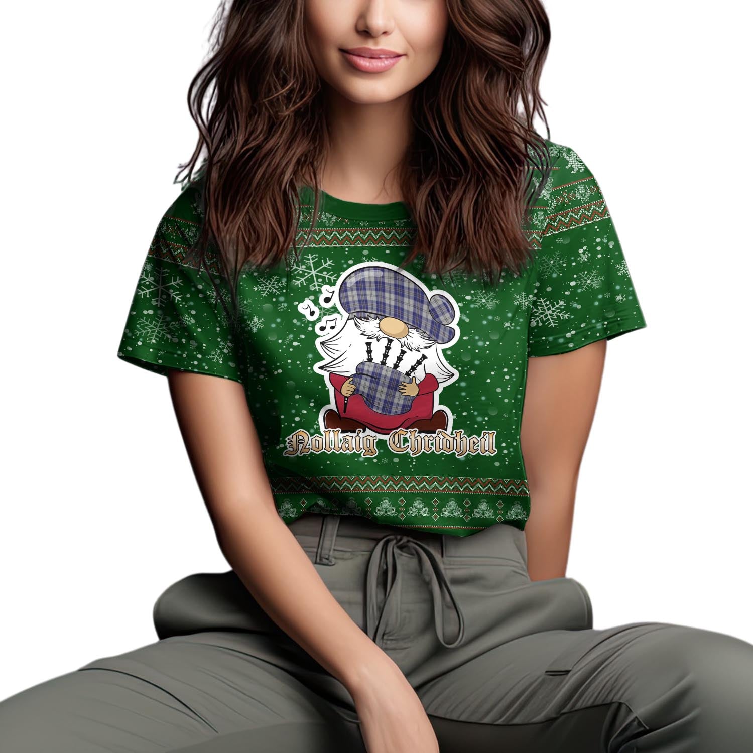 MacPherson Dress Blue Clan Christmas Family T-Shirt with Funny Gnome Playing Bagpipes Women's Shirt Green - Tartanvibesclothing