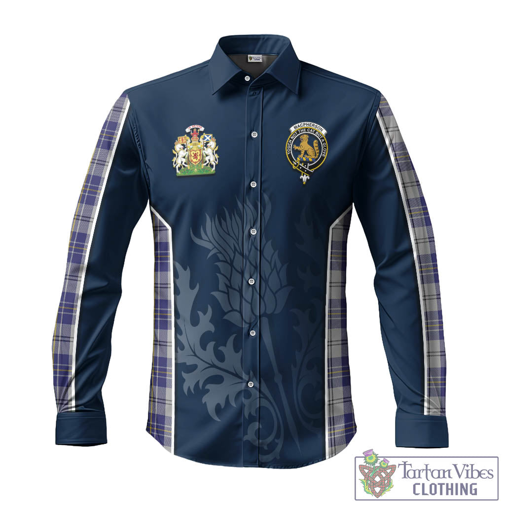 Tartan Vibes Clothing MacPherson Dress Blue Tartan Long Sleeve Button Up Shirt with Family Crest and Scottish Thistle Vibes Sport Style
