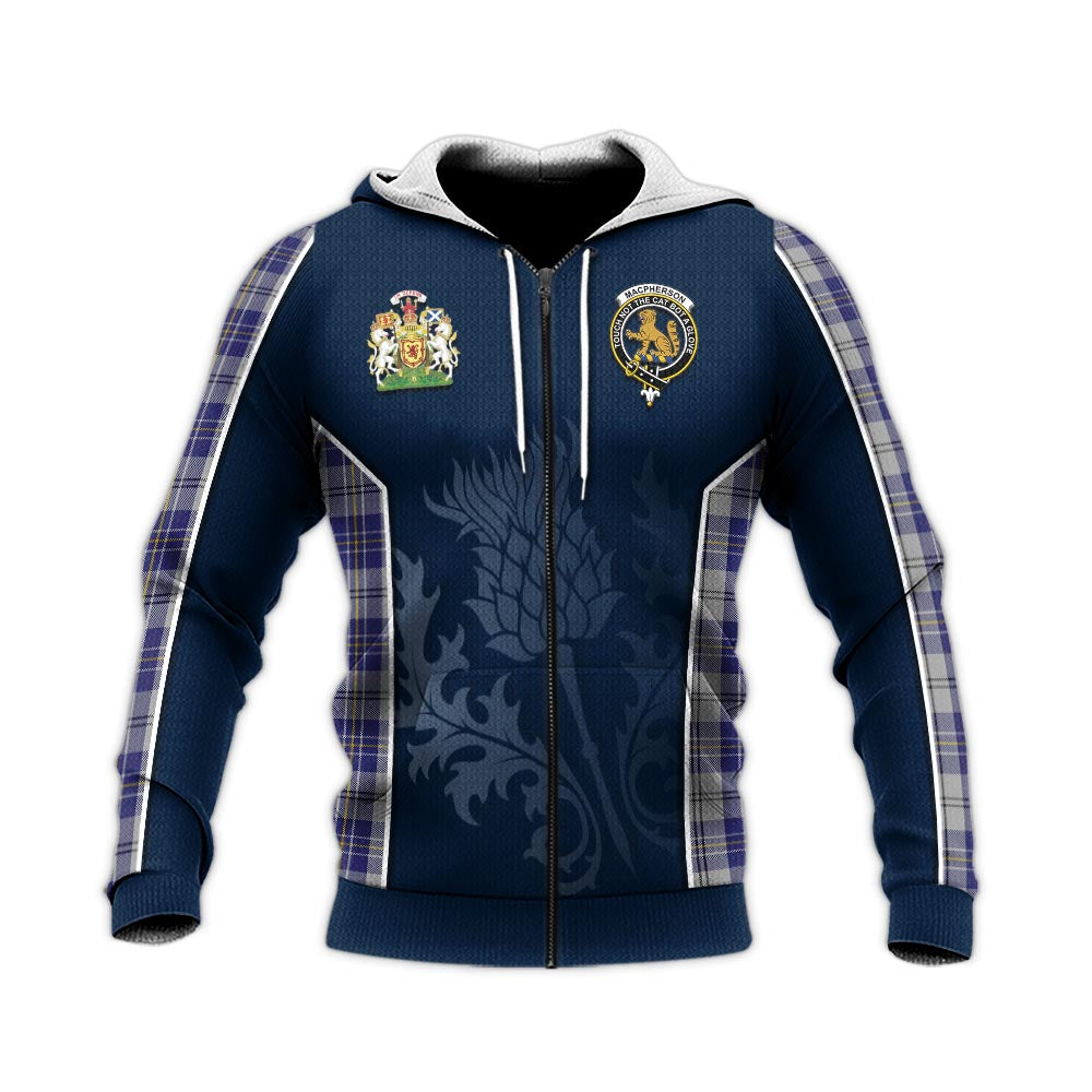 Tartan Vibes Clothing MacPherson Dress Blue Tartan Knitted Hoodie with Family Crest and Scottish Thistle Vibes Sport Style