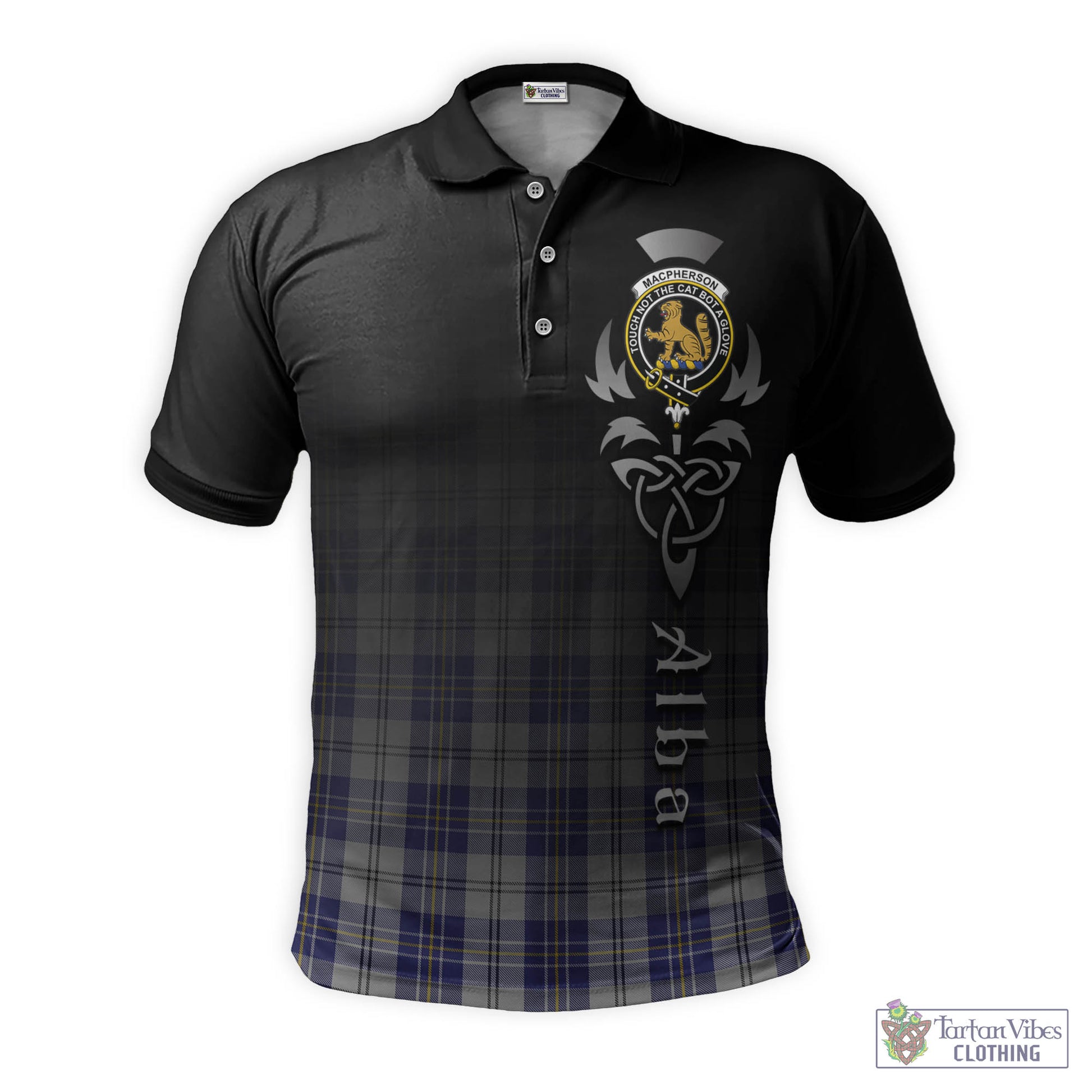 Tartan Vibes Clothing MacPherson Dress Blue Tartan Polo Shirt Featuring Alba Gu Brath Family Crest Celtic Inspired