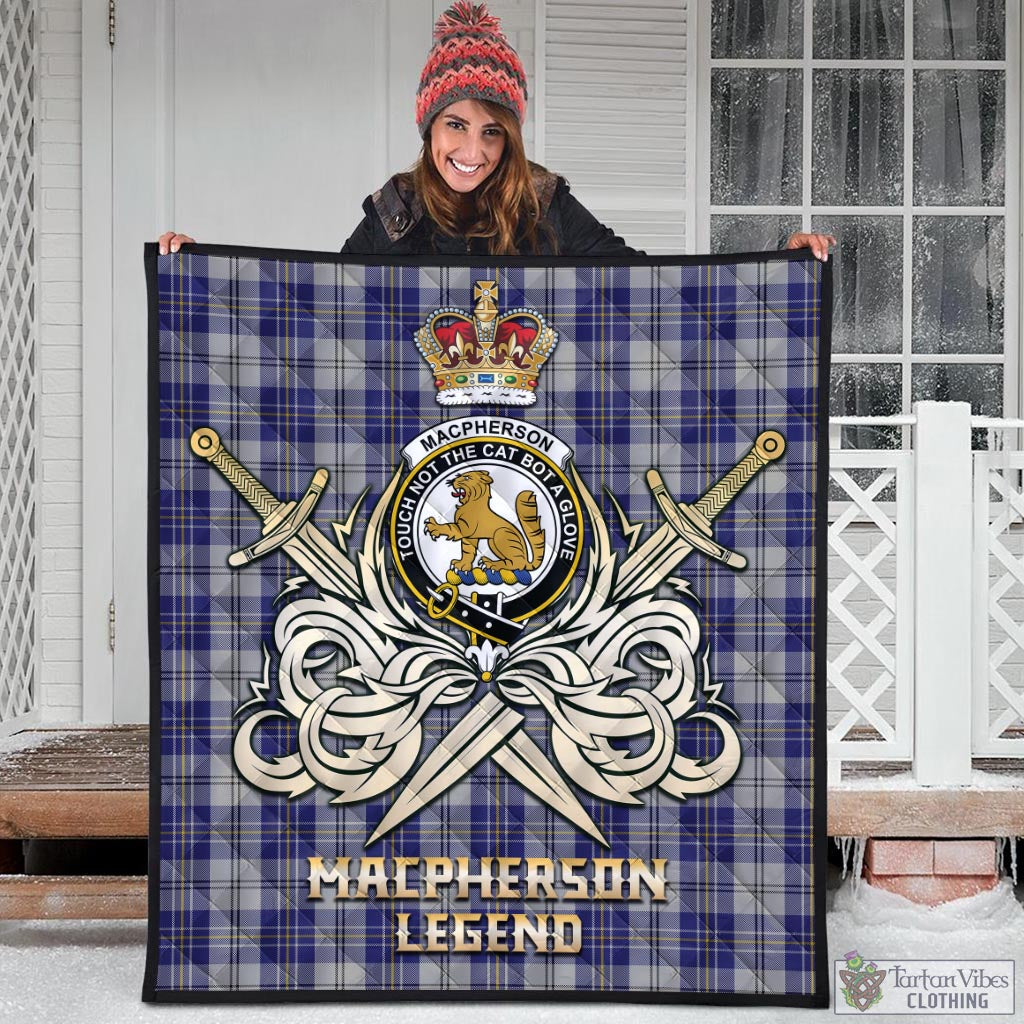 Tartan Vibes Clothing MacPherson Dress Blue Tartan Quilt with Clan Crest and the Golden Sword of Courageous Legacy