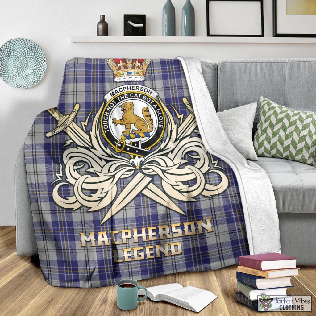 Tartan Vibes Clothing MacPherson Dress Blue Tartan Blanket with Clan Crest and the Golden Sword of Courageous Legacy