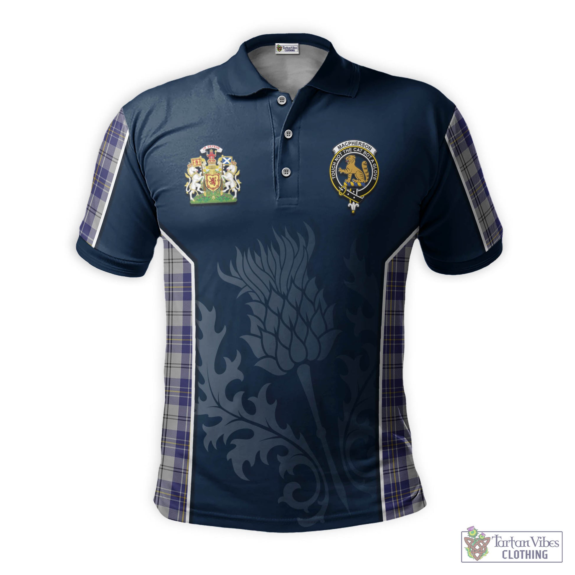 Tartan Vibes Clothing MacPherson Dress Blue Tartan Men's Polo Shirt with Family Crest and Scottish Thistle Vibes Sport Style