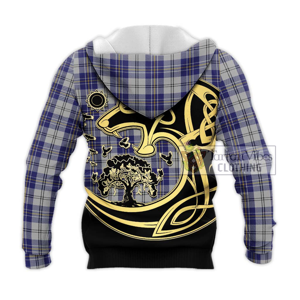 Tartan Vibes Clothing MacPherson Dress Blue Tartan Knitted Hoodie with Family Crest Celtic Wolf Style